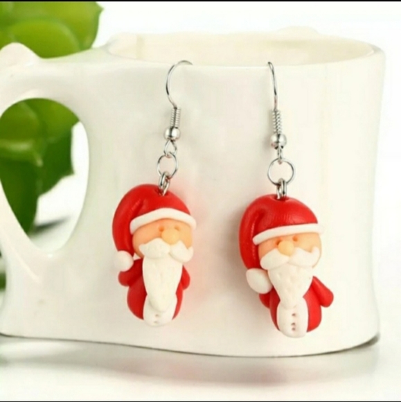 Red Holiday Christmas Santa Claus Clay Dangle Drop Earrings - Picture 6 of 7